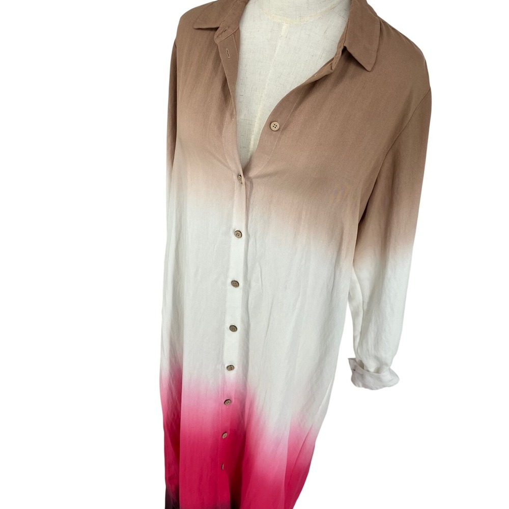 Ombre Shirt Dress Tan Pink Button Front Maxi Gradient Minimalist Chic Art Deco S